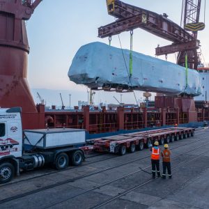 Unloading of locomotive engines for the new train in Uruguay